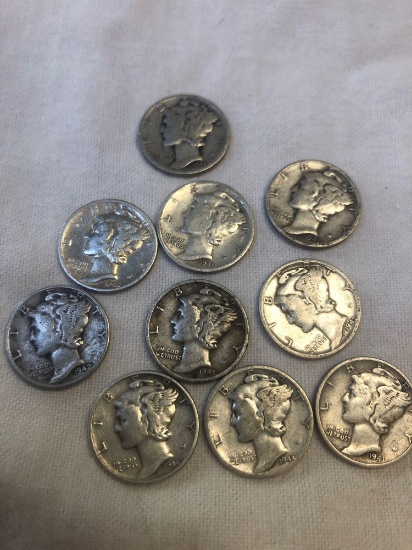 Group of 10 mercury silver dimes various dates