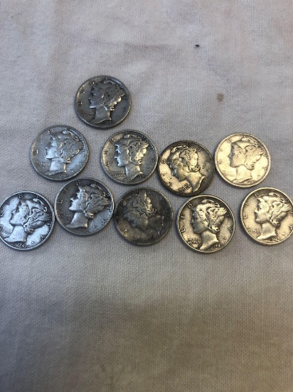 Group of 10 mercury silver dimes various dates