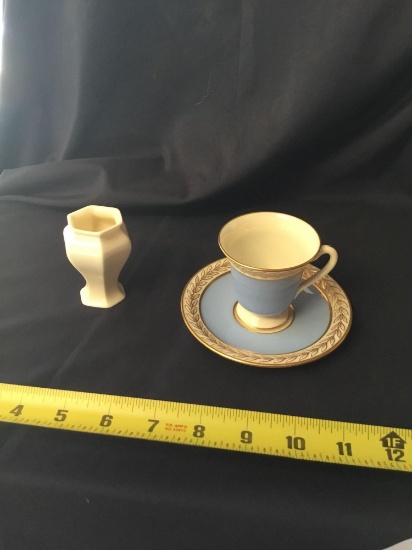 Vintage three-piece Lennox cup and saucer and vase blue mark