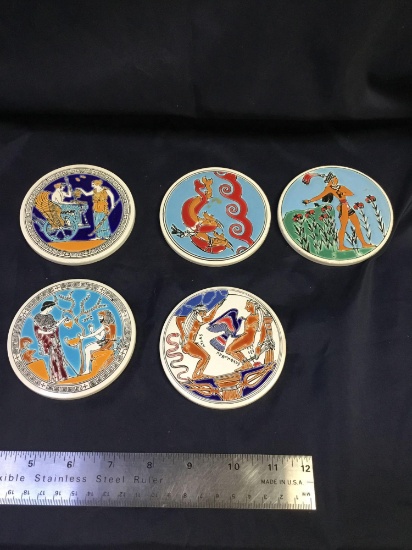 Vintage five piece tile coasters made in Greece