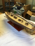 vintage handmade wooden sailboat model in box with stand