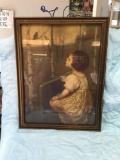 Vintage framed print of girl looking at bird measures 13 1/2 x 17 1/2 overall