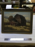 vintage original painting of barn in original frame
