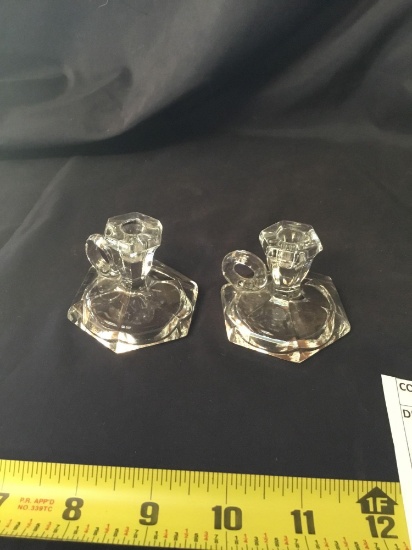 Vintage pair of Heisey glass miniature candlestick holders marked