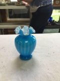 vintage blue striped case glass Fenton vase