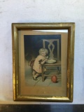 antique print of girl eating soup with embossed stamp on publishers frame