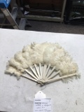 antique white feather and hand painted ladies fan