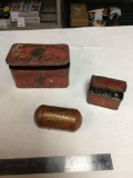 antique three-piece tin boxes with contents