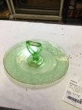 vintage green depression glass etched tidbit tray with handle