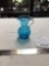 vintage blue crackle glass pitcher with applied handle hand blown
