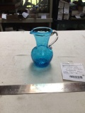 vintage blue crackle glass pitcher with applied handle hand blown