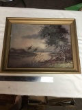 antique signed and framed oil painting on canvas geez leaving Pond
