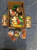 box of miscellaneous collectibles A&W root beer cans empty miscellaneous