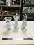 three piece pressed glass clear flower vases