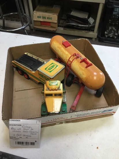 vintage box of toys to include Hess gasoline truck and ER TL tinker