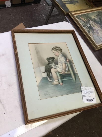 vintage Bessie piece Gutman in framed print child with puppy