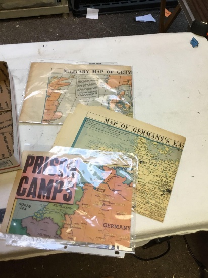 three piece vintage, 1945 German military maps to include prison camps, etc.
