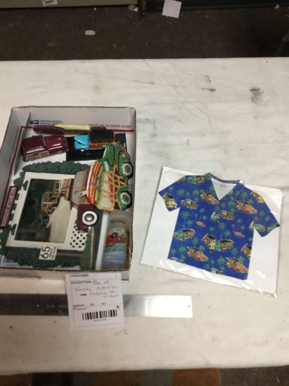 box of Ford woody collectibles includes small T-shirt