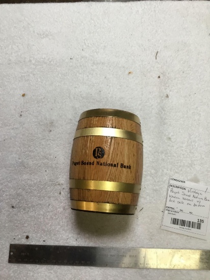 vintage Puget sound national bank wooden barrel with lock safe on bottom