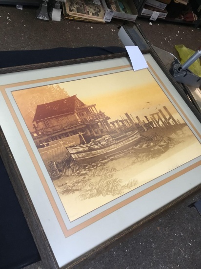 Vintage signed and framed Berghoff print house in boat by old pier