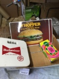 vintage box of Burger King, placemats, Budweiser seeds, etc.