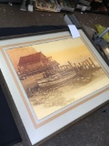 Vintage signed and framed Berghoff print house in boat by old pier