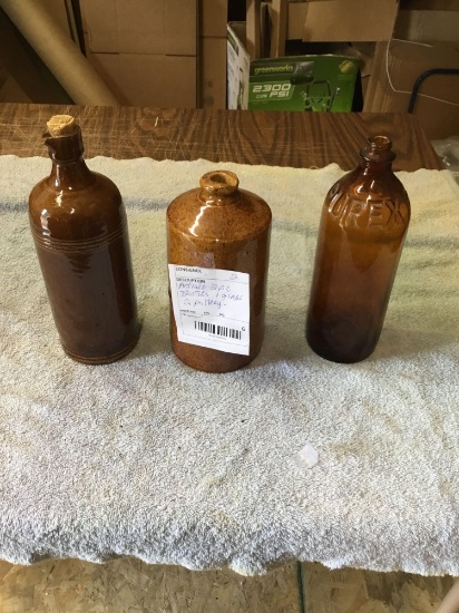 antique, three piece bottles, one glass two pottery