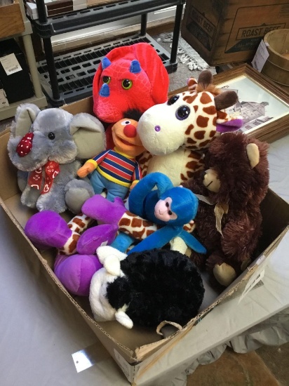 box of stuffed animals, monkey collection and miscellaneous