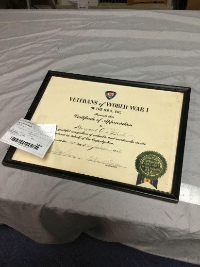Vintage veterans world war, one certification of appreciation, 1968