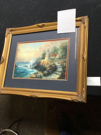 Signed and framed Thomas Kincaid picture of light house
