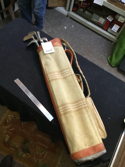 vintage canvas, golf bag with six wood handle clubs