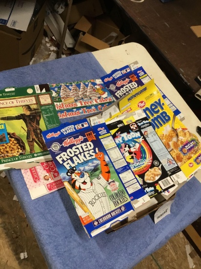 lots of vintage group of cardboard, cereal, and other boxes