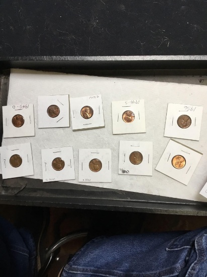 Group of 10 uncirculated Lincoln wheat pennies 1940s through 1950s