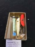 box of vintage, fishing plugs and lures