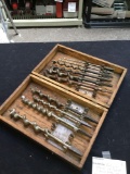 antique group of wood, drillbits and wooden case