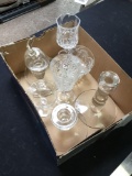 box of miscellaneous glassware, including glass, candlestick holders