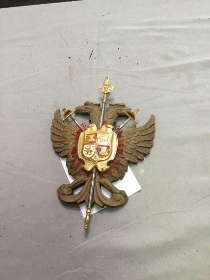 vintage carved wood, double Eagle crest with swords