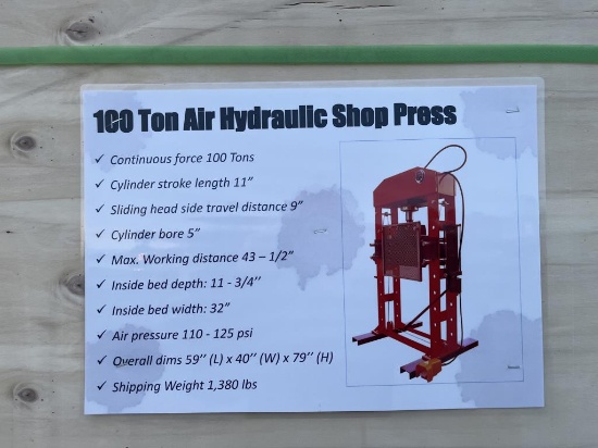 New 100 Ton Air / Hydraulic Shop Press