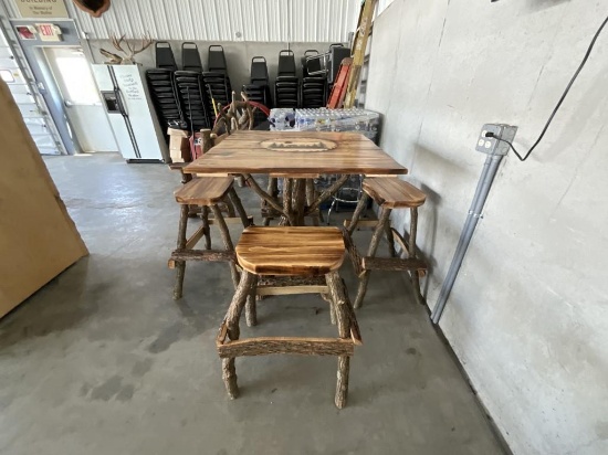 Hand Made Wood Table W / 4 Chairs W / Bear Picture
