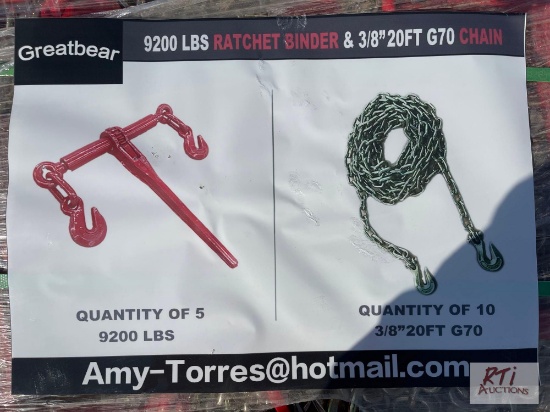 (10) Grade 70 3/8 x 20ft chains and (5) ratchet binders