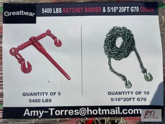 (10) Grade 70 5/16 x 20ft chains and (5) ratchet binders