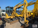 Komatsu PC35MR mini excavator, cab, heat, A/C, 18in digging bucket, backfill blade, 748 hrs., S/N