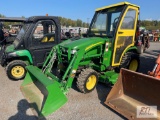 John Deere 2320 compact tractor, loader, 4WD, 54in drive over belly mower, Curtis cab, hydrostatic,