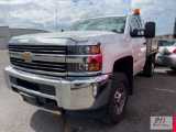 2015 Chevy 3500HD regular cab flatbed truck, 4WD, galvanized body, PW, PL, A/C, 120,924mi.,