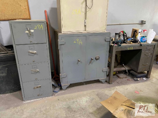 Safe, filling cabinet and steel desk....
