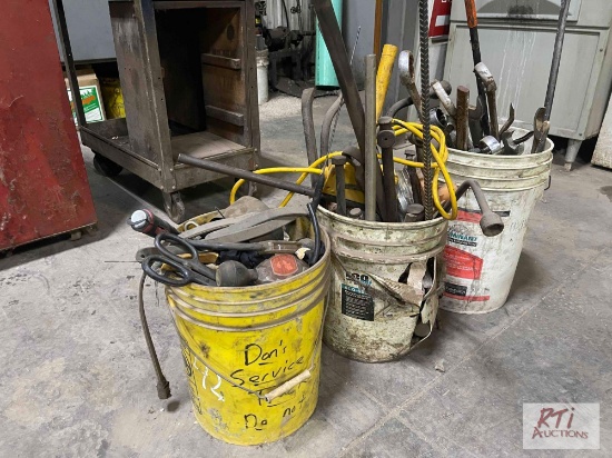 (3) Buckets of tools. (2) Big wrenches
