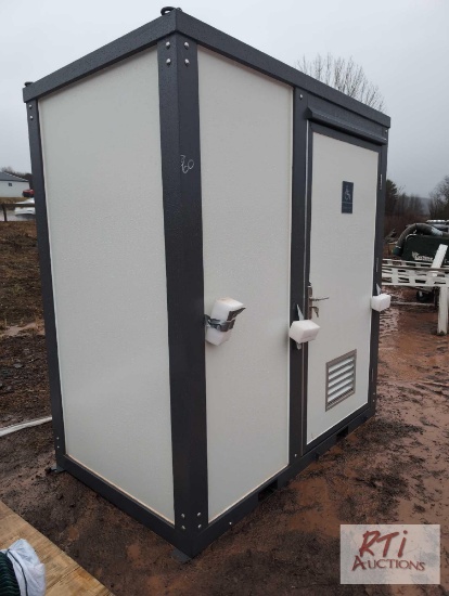 Handicap accessible portable restroom with exterior ramp and electric and water hookups, 81x90x50