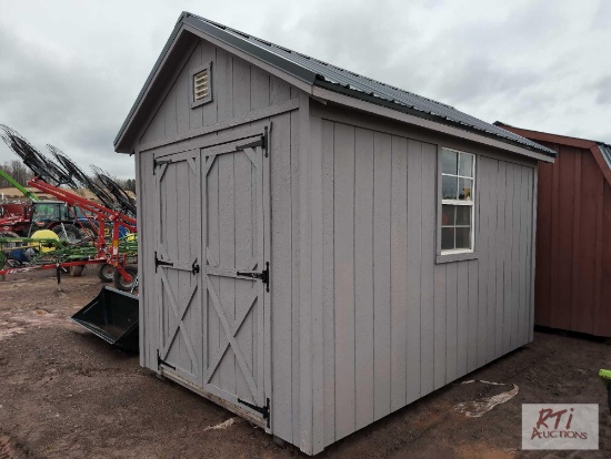 Wooden storage shed, 8x12, windows, barn door, 79in interior height
