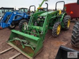 John Deere 5065E tractor, 4WD, loader, forks, GP bucket, John Deere 485 backhoe attachment, open