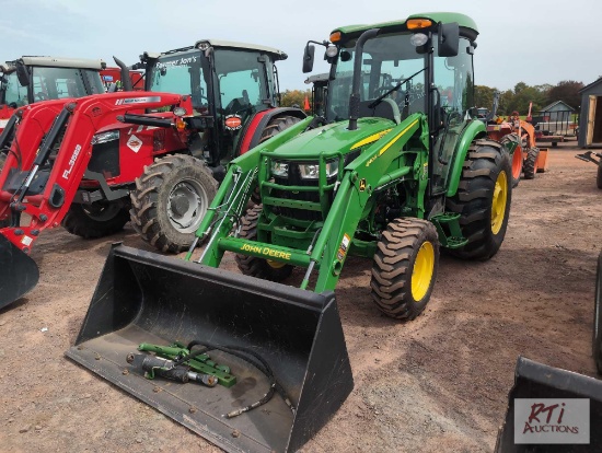 John Deere 4046R 4WD tractor with cab, front loader, backhoe, backhoe is equipped with thumb,